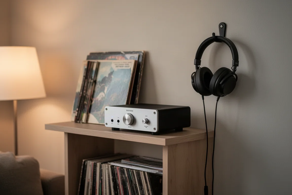 Compact audio shelf with headphones on a wall hook, records in the background and soft lamp light
