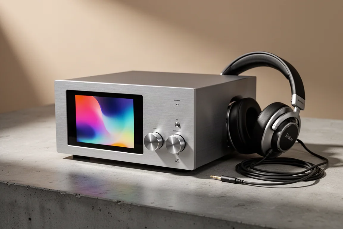 Compact desktop audio unit with touchscreen and headphones on a concrete surface