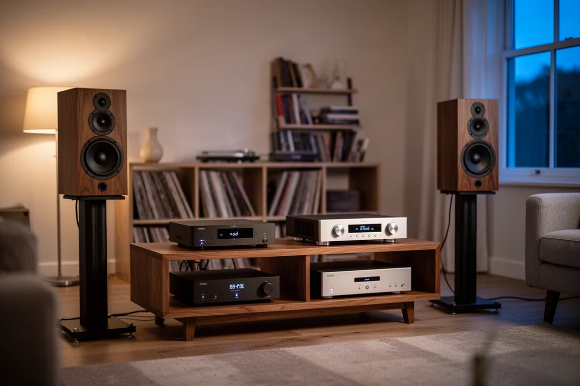 Living room hi-fi rack with a streamer, amplifier and stand-mounted speakers at dusk
