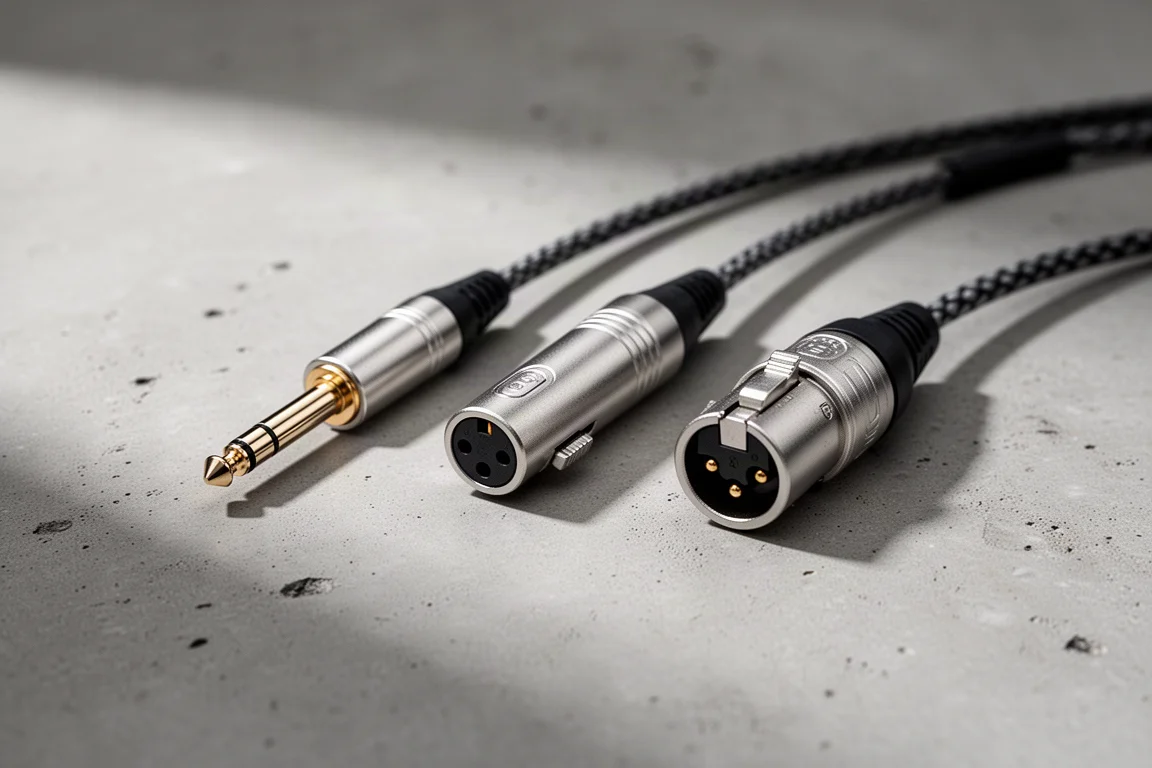 Three headphone connectors resting on a matte concrete surface in soft light