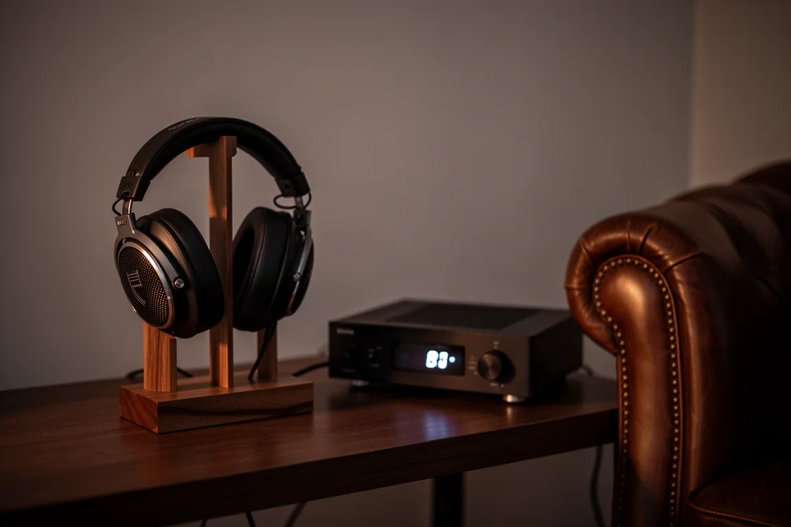 Over-ear headphones on a stand beside a softly lit amplifier in a dim room