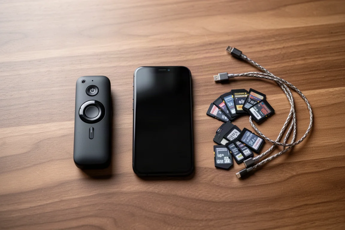 Flat-lay of a remote control, phone and memory cards on a wood desk