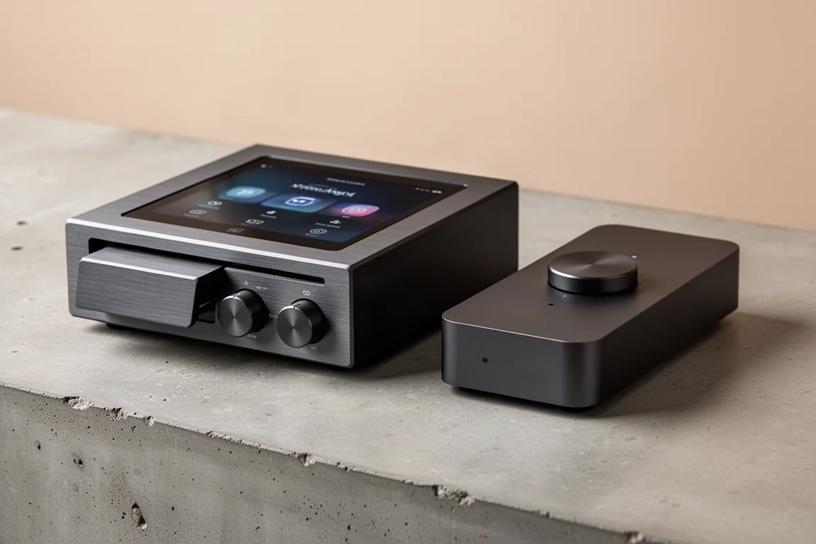 Two compact hi-fi network streamers side by side on a matte concrete surface