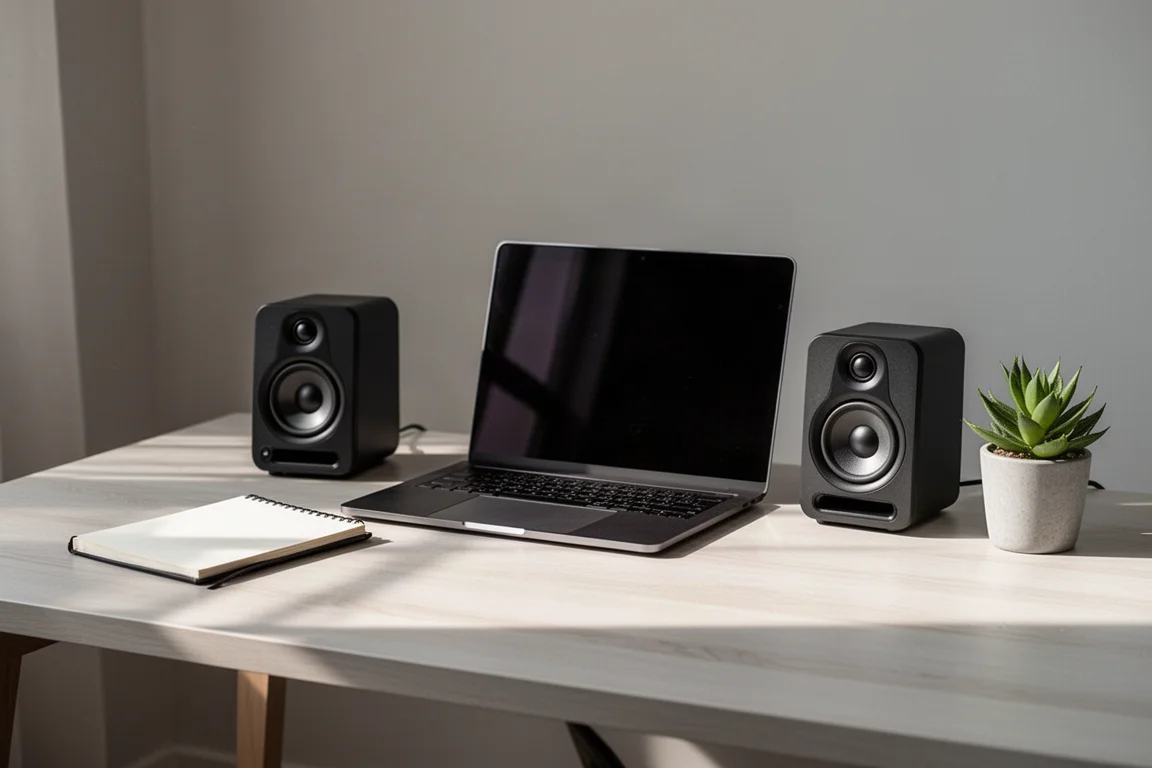 Scrivania da home office con una coppia di diffusori da scrivania neri compatti accanto a un laptop e un quaderno