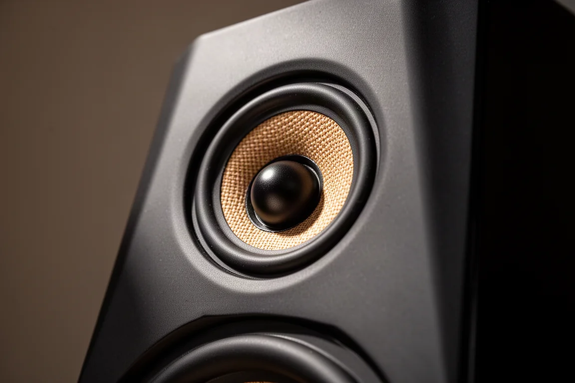 Primo piano del baffle di un diffusore compatto con cono woofer intrecciato e tweeter a cupola