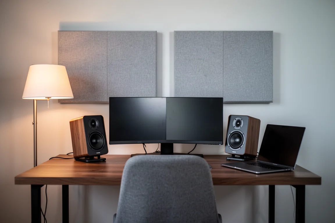 Piccola scrivania da studio con due monitor compatti angolati verso l'interno e pannelli acustici dietro