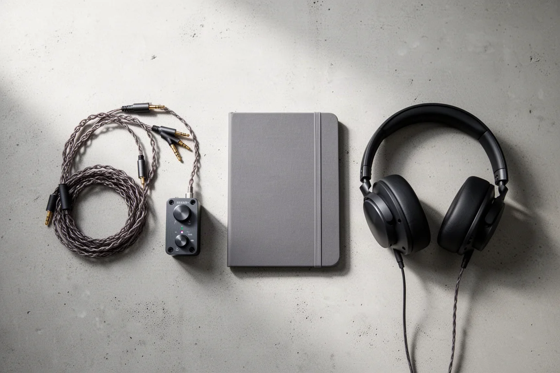 Vista dall'alto di accessori audio da scrivania su una superficie in cemento