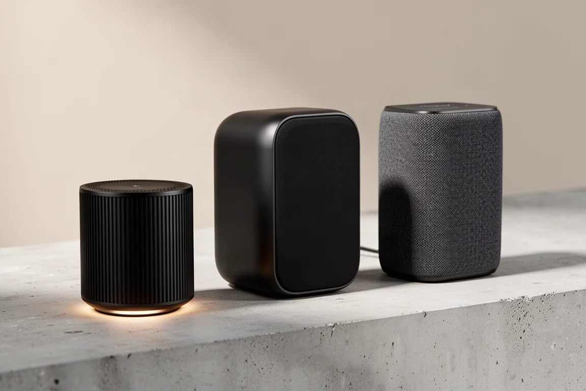 Three compact desktop speakers arranged in a row on a concrete surface