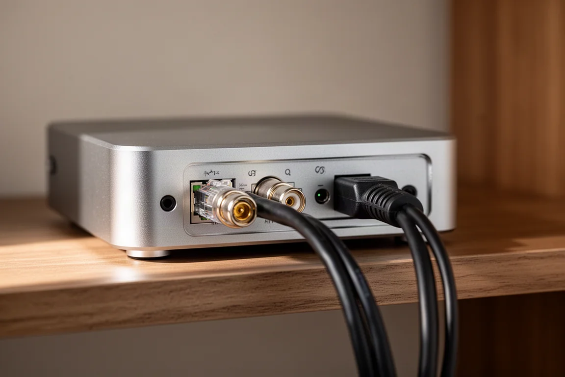 Zbliżenie na kable Ethernet i koncentryczny podłączone do tylnego panelu kompaktowego metalowego streamera