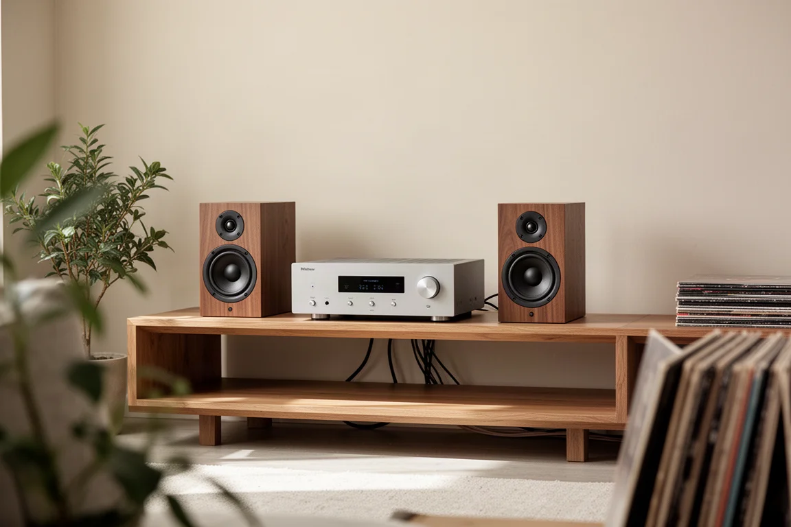 Minimalistyczna półka hi-fi w salonie ze wzmacniaczem i kolumnami podstawkowymi w świetle dziennym