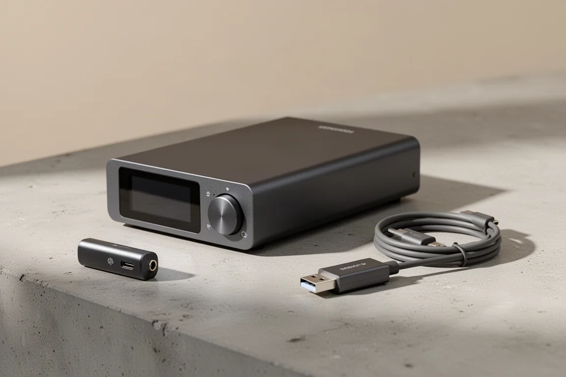 Compact network streamer with a dongle DAC on a matte concrete surface