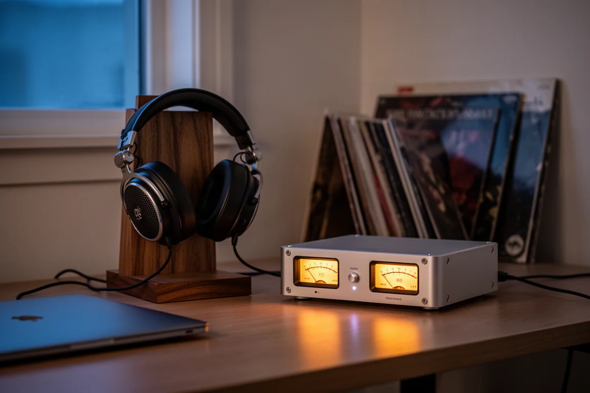 Headphones and a glowing desktop DAC on a wooden desk at dusk