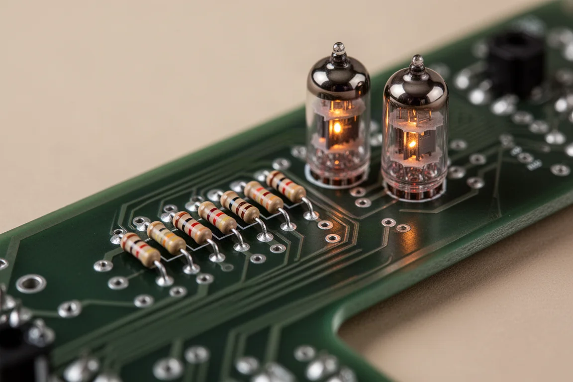 Close-up of a vacuum tube glowing inside a dark aluminium chassis