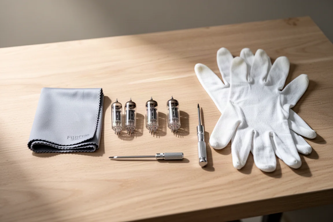 Flat-lay of four vacuum tubes and tools on a pale oak workbench