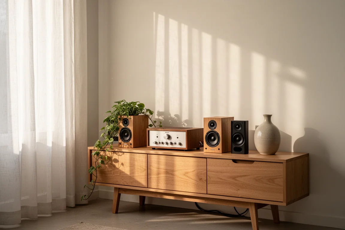 Evening listening corner with a lit DAC, headphones, and amplifier