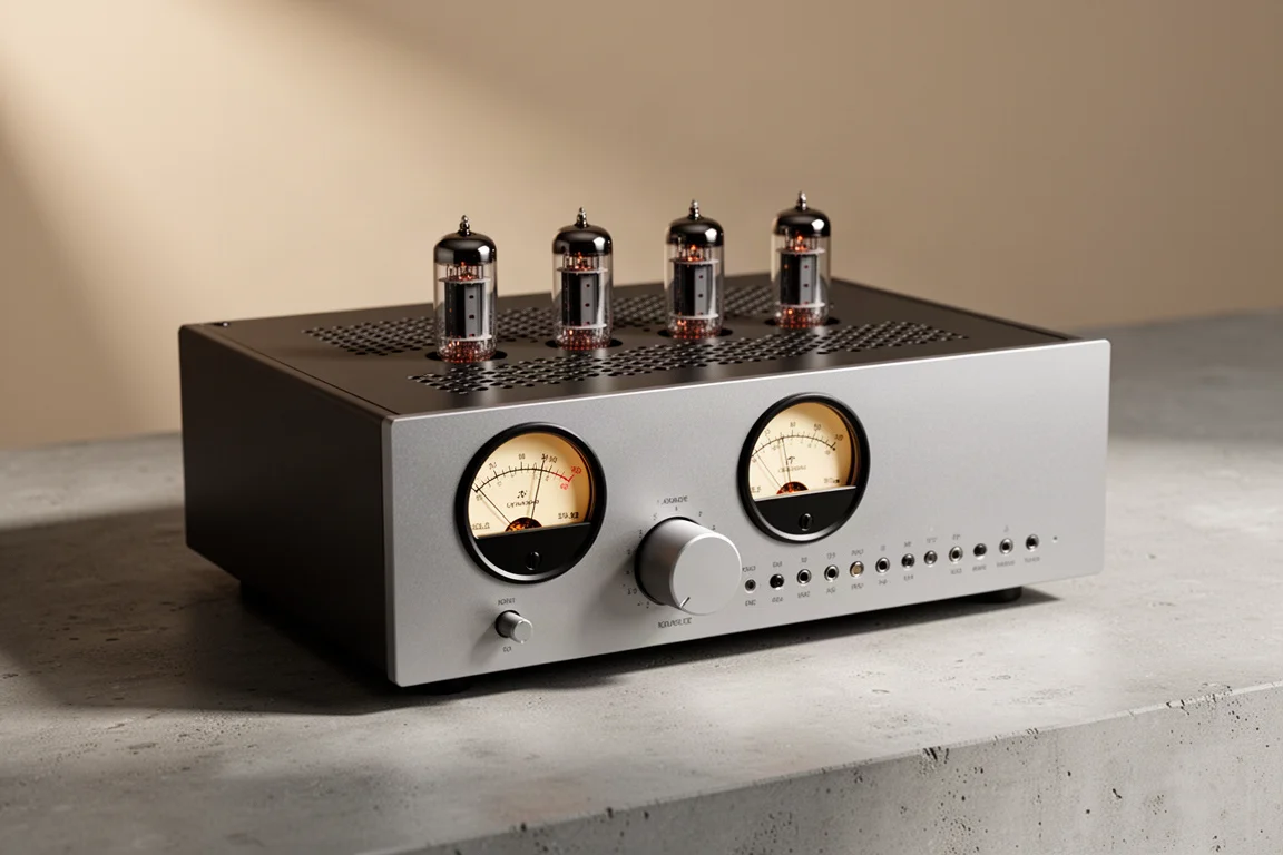 Desktop DAC with twin analog VU meters and vacuum tubes visible through a top vent
