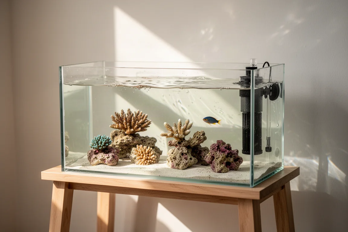 Aquário recife nano em uma sala iluminada com uma câmara de filtro fina em uma das extremidades