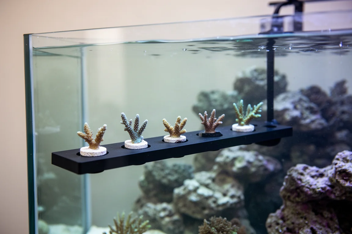 水下视角,珊瑚断枝固定在纤薄黑色断枝架上,紧贴水族箱玻璃