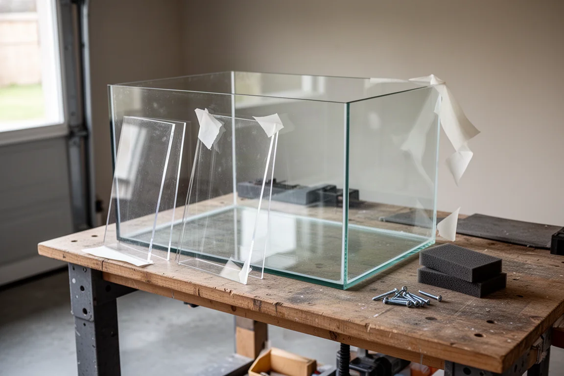 Leeres Glasbecken auf einer Werkbank, an das Acryl-Trennwandplatten angelehnt sind