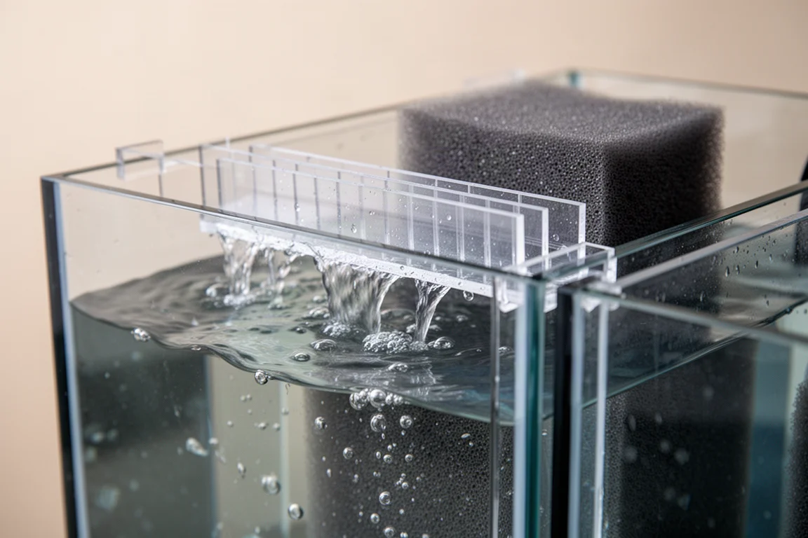 Nahaufnahme einer Acryl-Trennwand in einem Sump, über deren Oberkante Wasser fließt