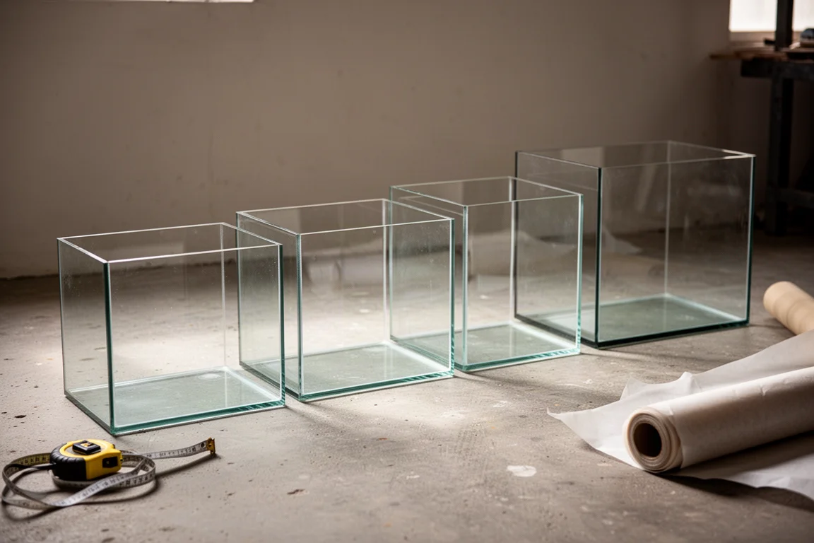 Vier leere Glasbecken unterschiedlicher Größe, aufgereiht auf dem Boden einer Werkstatt