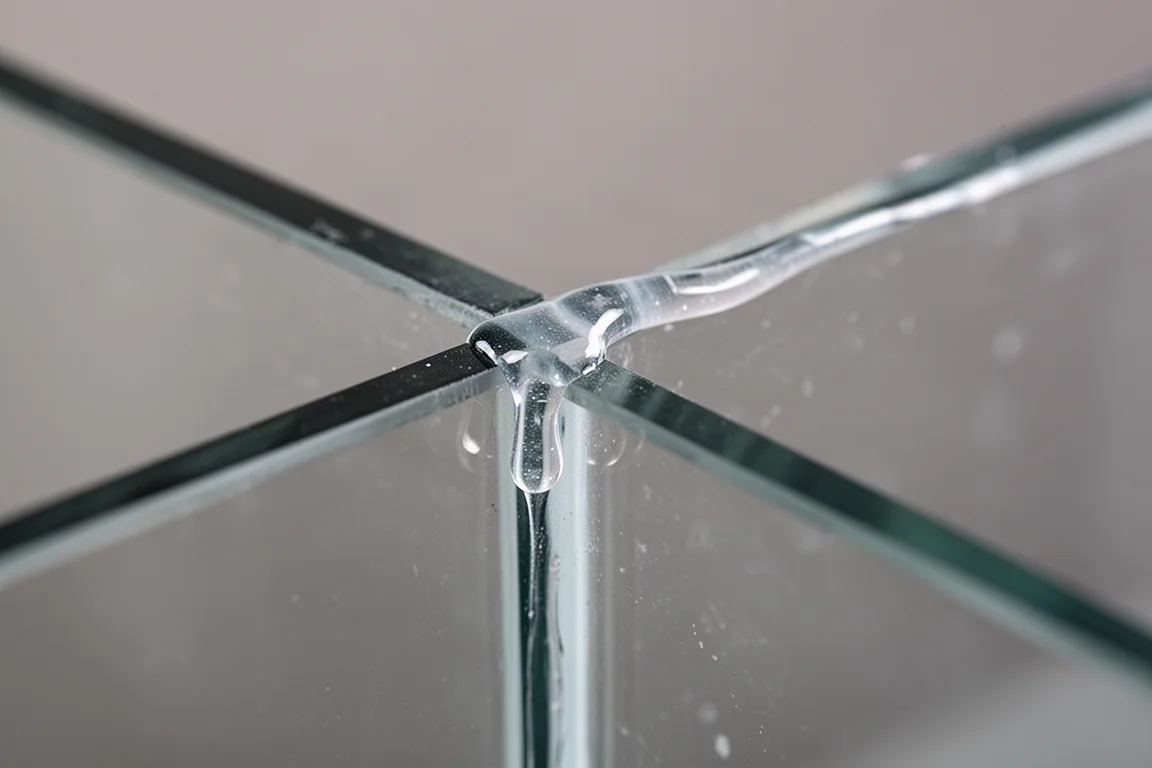 Frische Raupe aus transparentem Silikon entlang der Fuge zwischen einer Acrylplatte und Aquarienglas