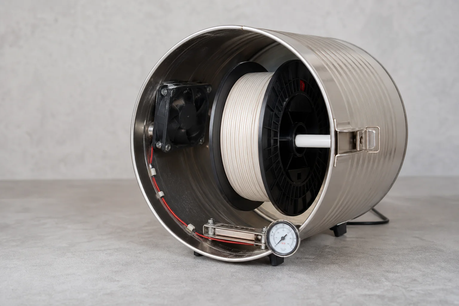 DIY-Filament-Trockner aus einer Blechdose mit Heizelement und Lüfter