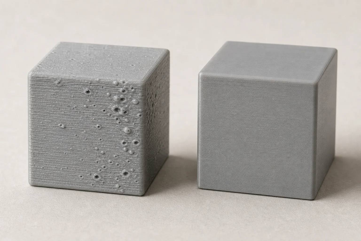 Gedruckte Testmuster mit Feuchtigkeitsfehlern im Vergleich zu sauber getrocknetem Filament