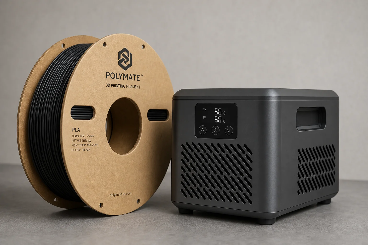 Filament spool next to inline filament dryer unit on grey surface