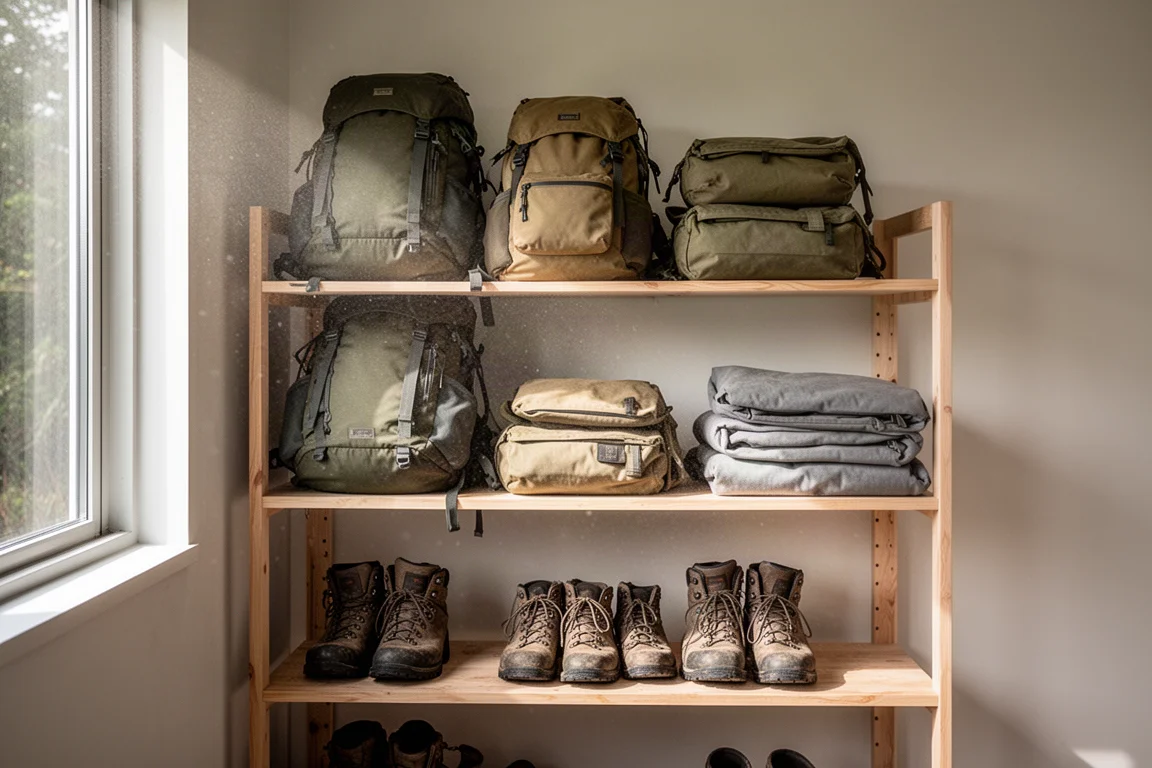 Zaino militare surplus usato disteso su un pavimento di cemento che mostra segni di usura