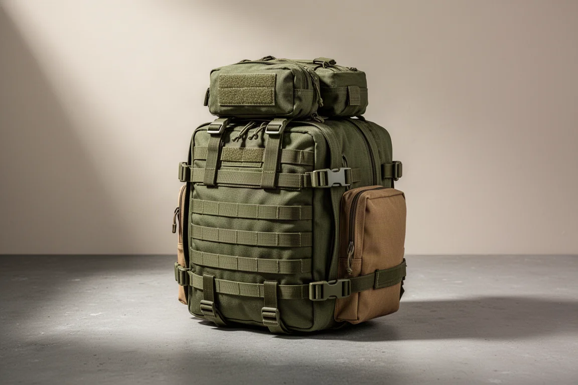 Olive drab military surplus three-day assault pack on a concrete surface