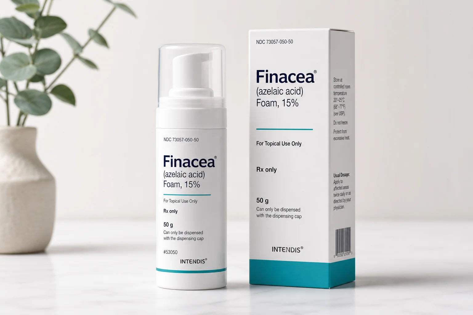 Rosacea treatment products arranged on marble surface with soft lighting