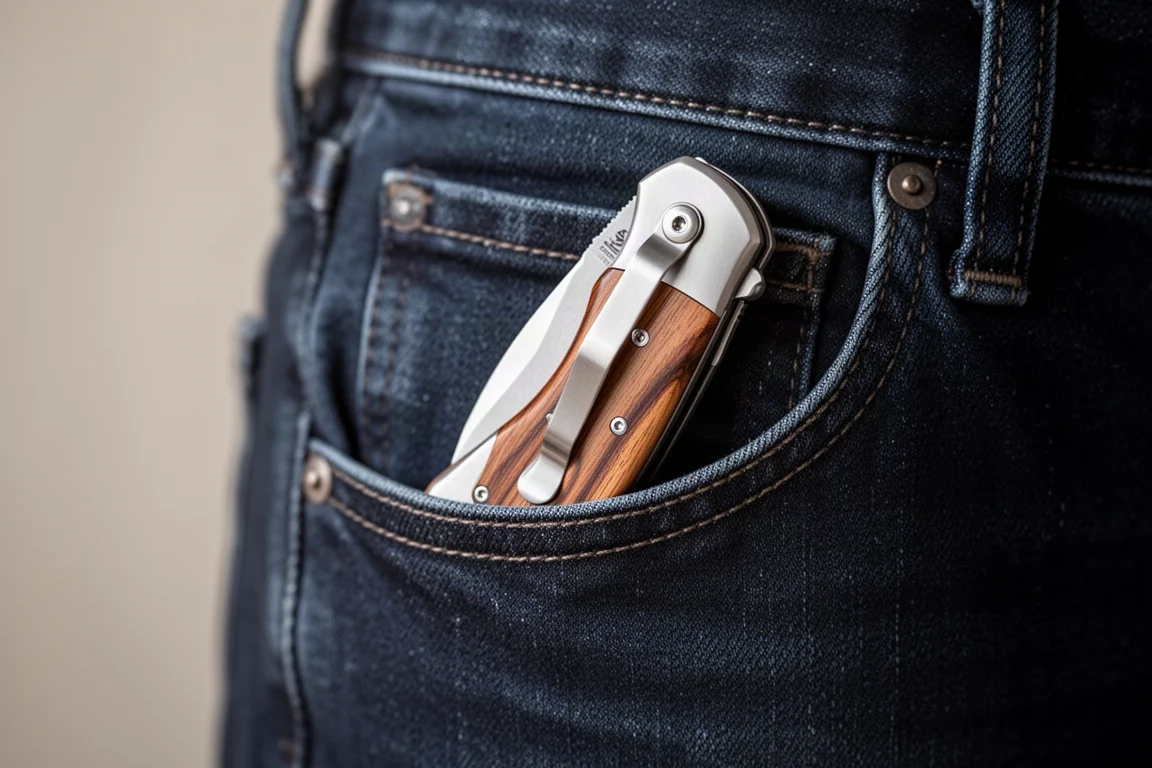 Closed folding knife with titanium handles and cocobolo inlays resting in a pocket