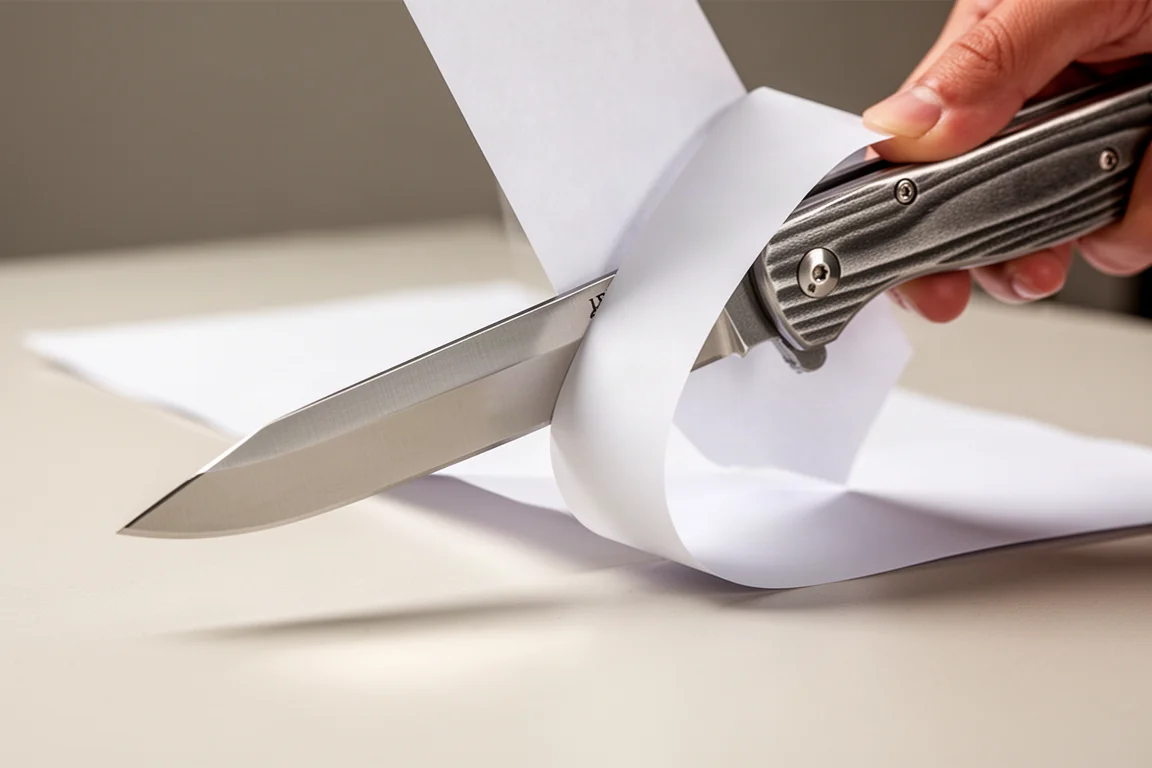 Sharp blade slicing cleanly through a sheet of paper