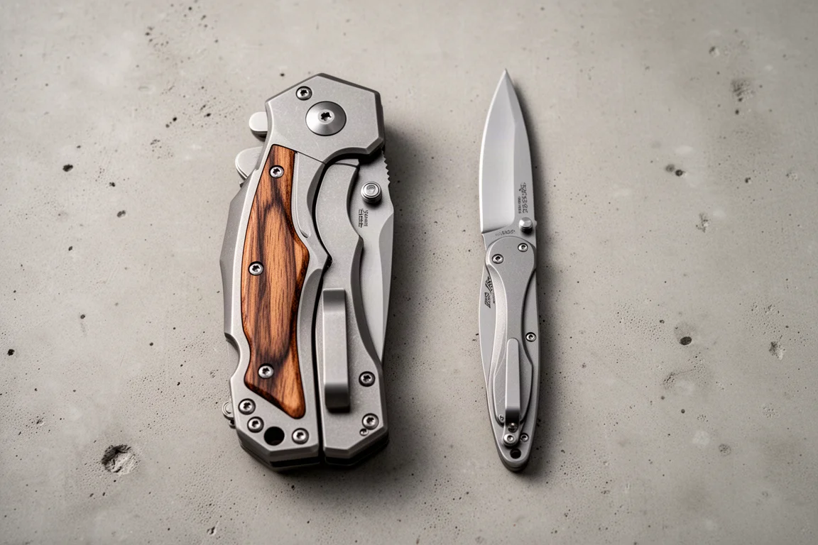 Two folding knives side by side showing a clear difference in handle thickness