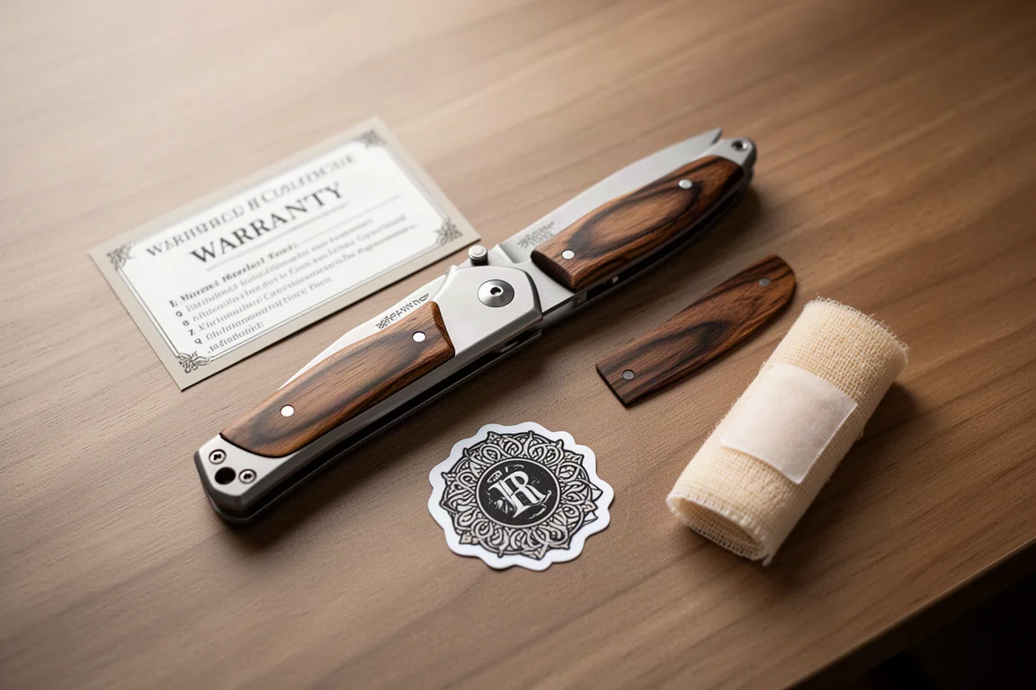 Folding knife and small packaging extras arranged flat on a wooden desk