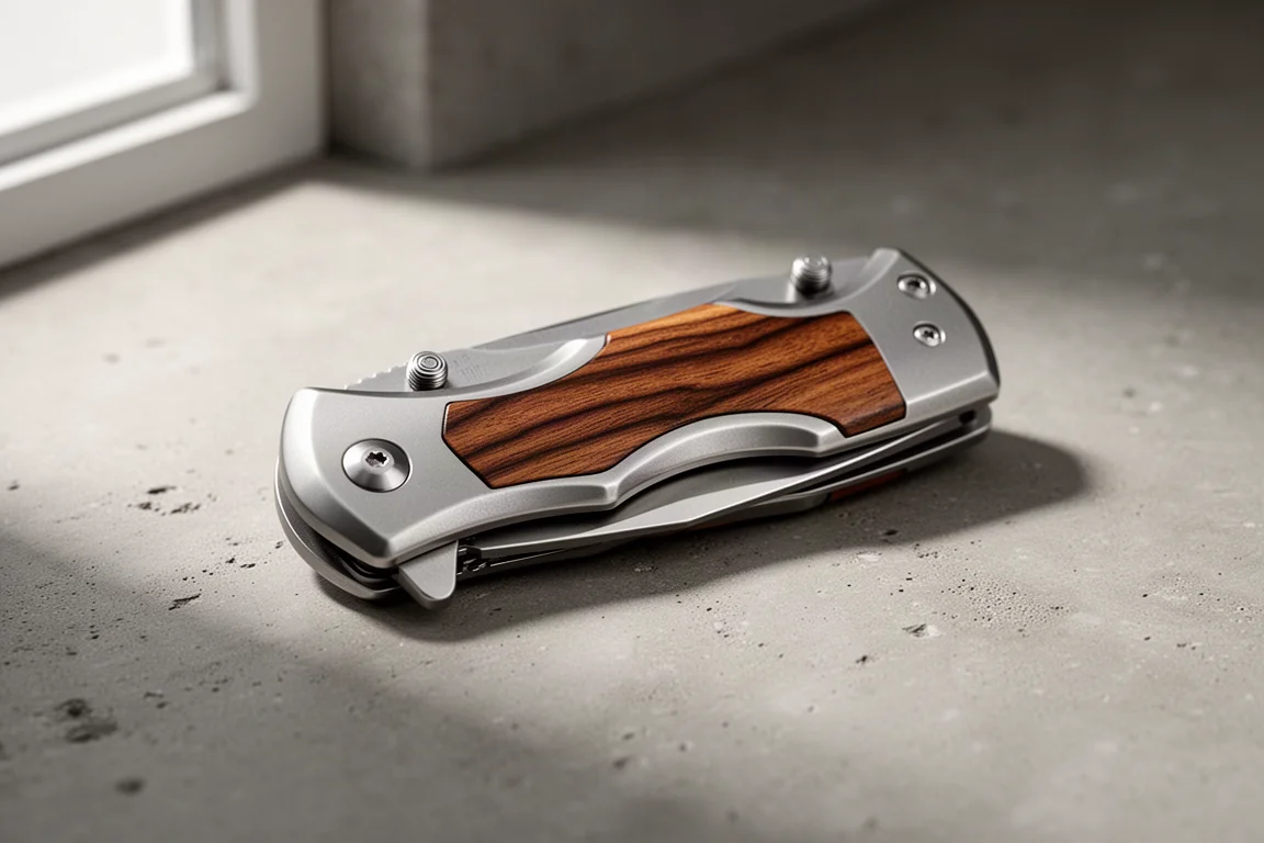 Geschlossenes Taschenmesser mit Titan-Griffschalen und Cocobolo-Einlagen auf einer Betonoberfläche