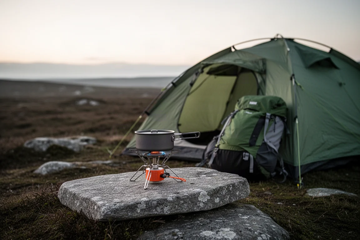 Litet hopfällbart campingkök och kokkärl uppställda på en sten bredvid ett tält i skymningen