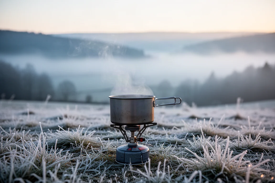 Ångande kokkärl på ett litet kök en frostig morgon med dimma över gräset