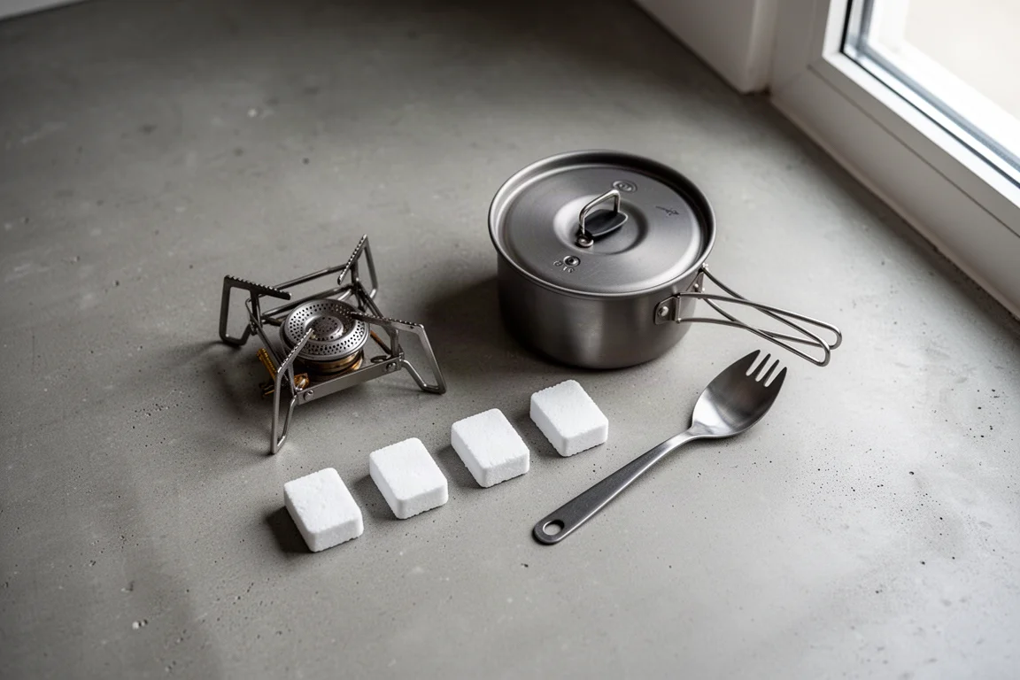 Ovanifrån platt uppläggning av ett hopfällbart kök, bränsletabletter, en metallkastrull och en spork på betong