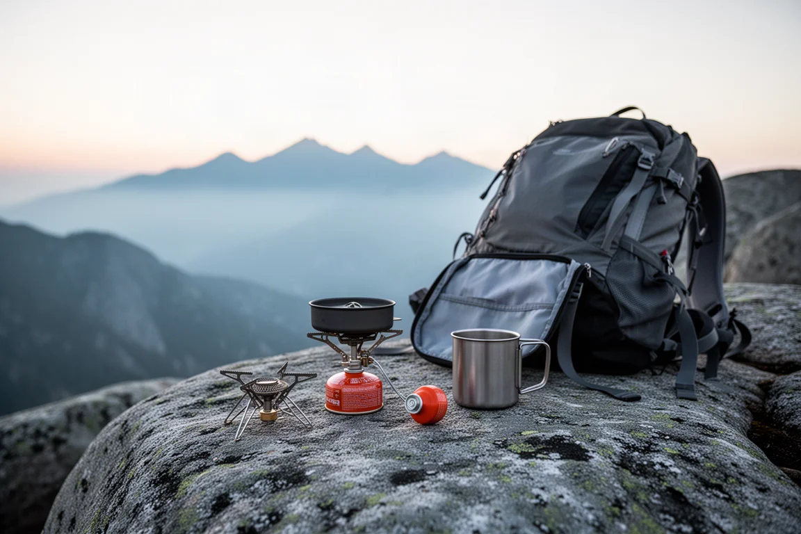 Ultralight cook kit laid out on granite beside an open backpack at first light