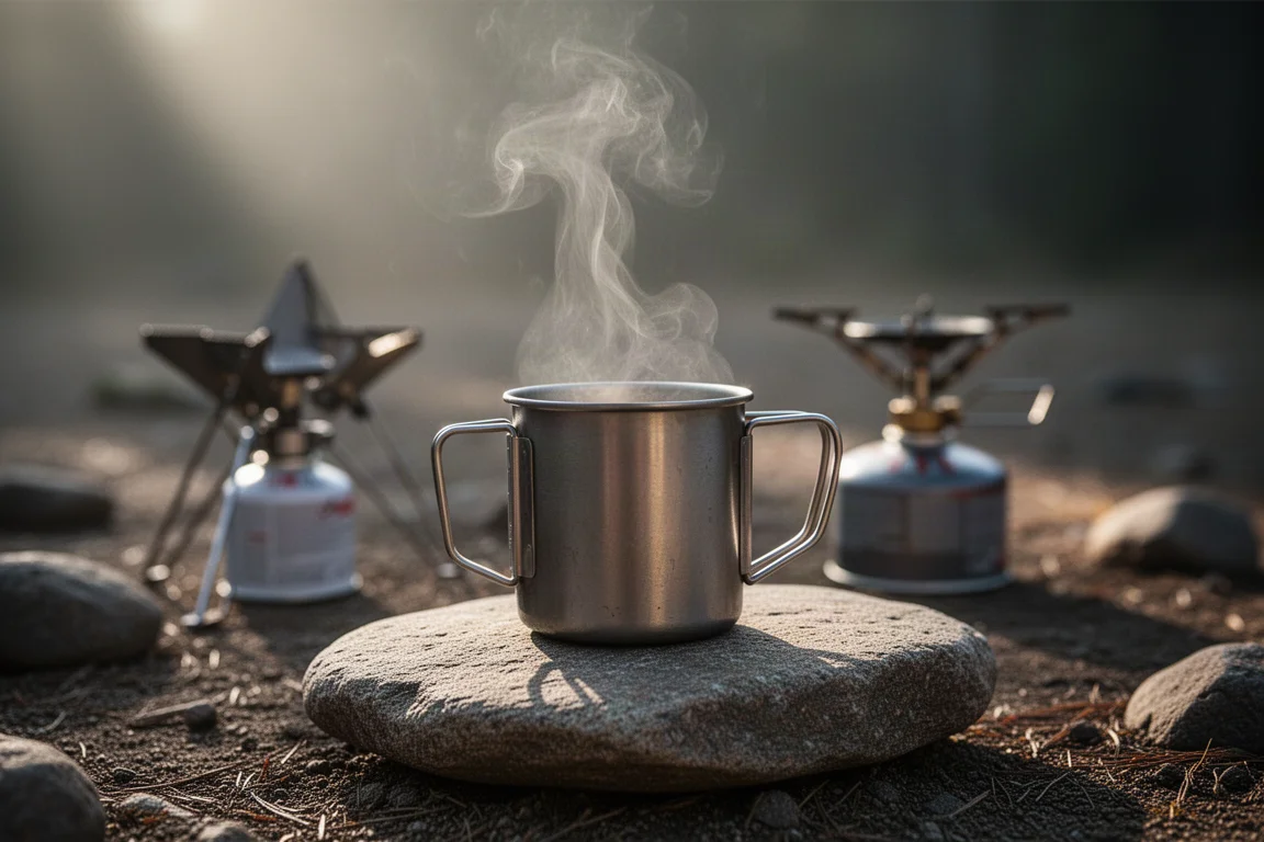 Steam rising from a metal mug on a flat rock at a morning campsite