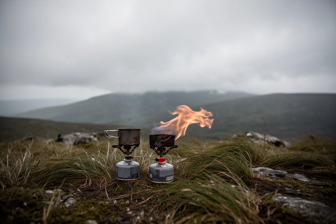 Small backpacking burner on an exposed windy ridge under grey cloud