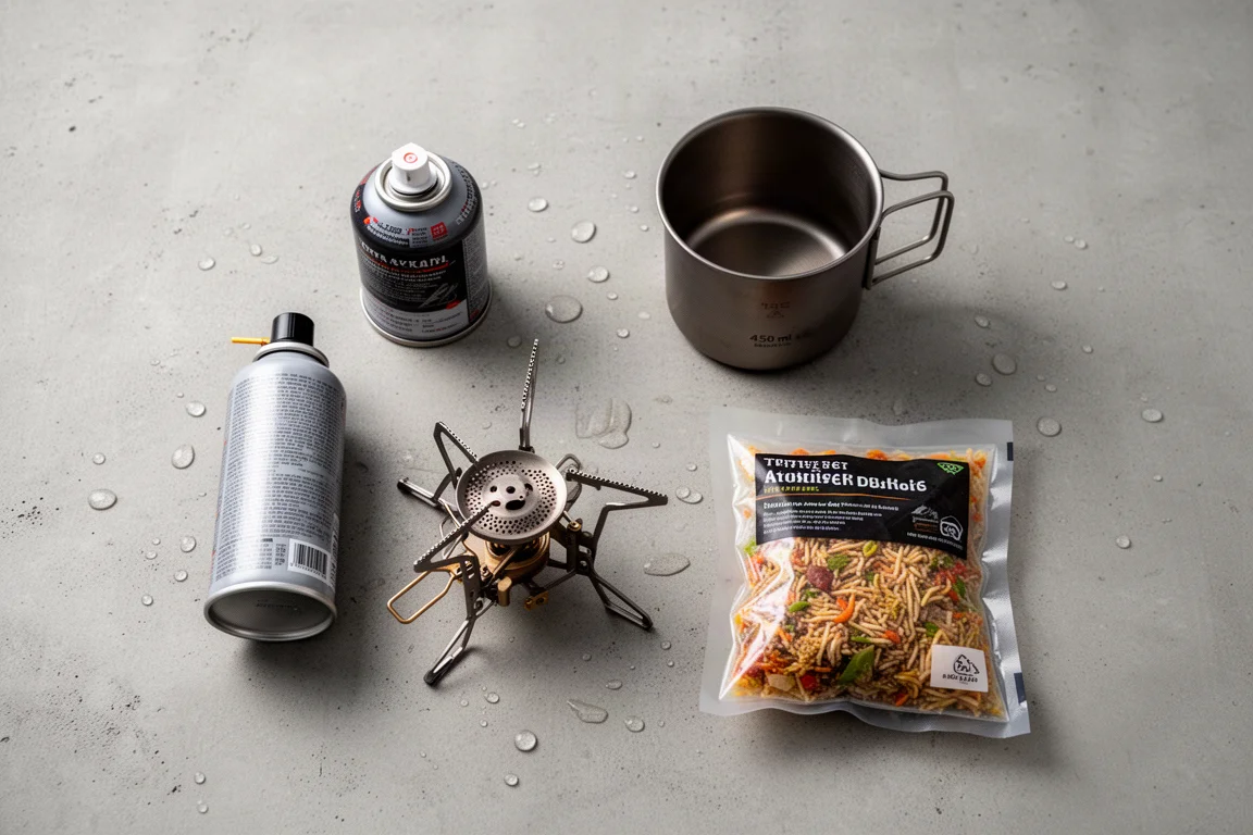 Overhead flat-lay of ultralight camping cooking essentials on concrete