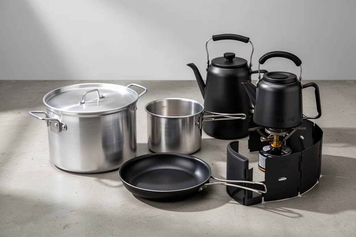 Complete camp cook kit with pots, frying pan, kettle, stove, and windscreen on concrete