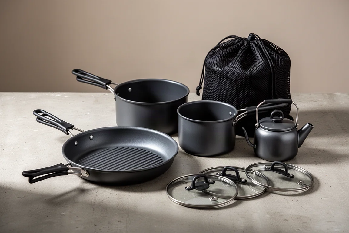Fire Maple Feast 4 camping cook set arranged on concrete with mesh storage bag