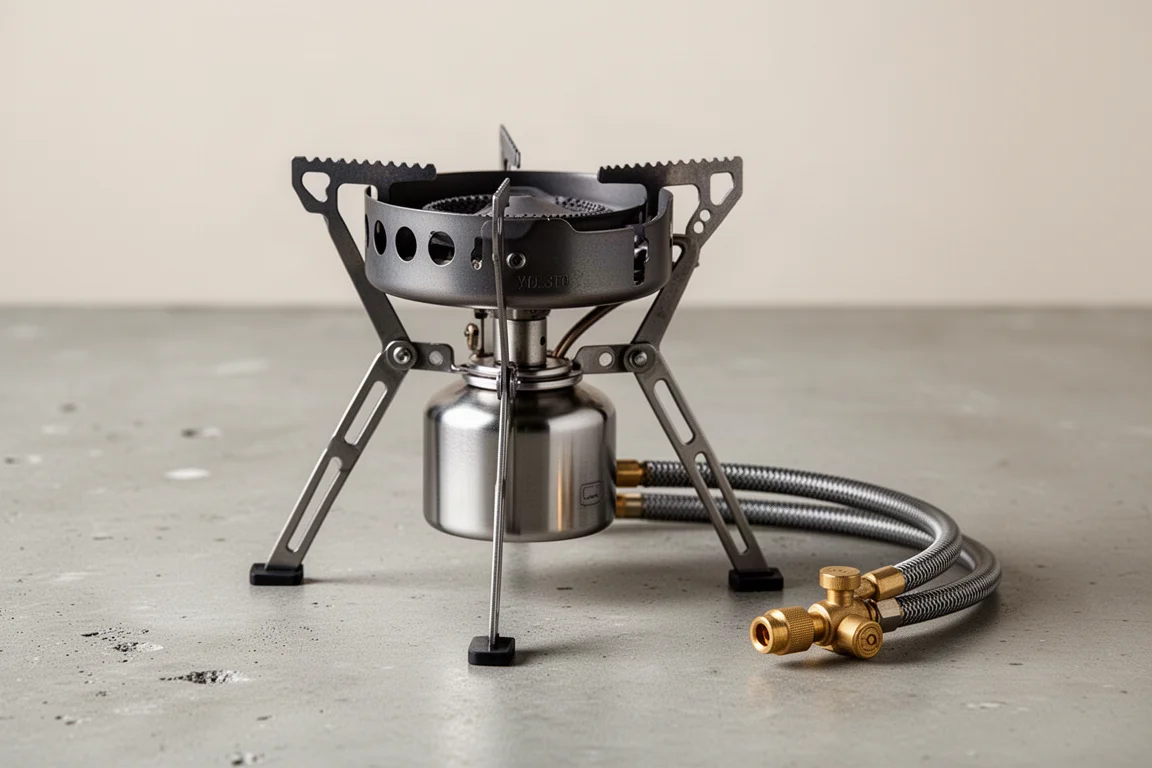 Compact stainless steel canister stove with folding legs and fuel hose on concrete