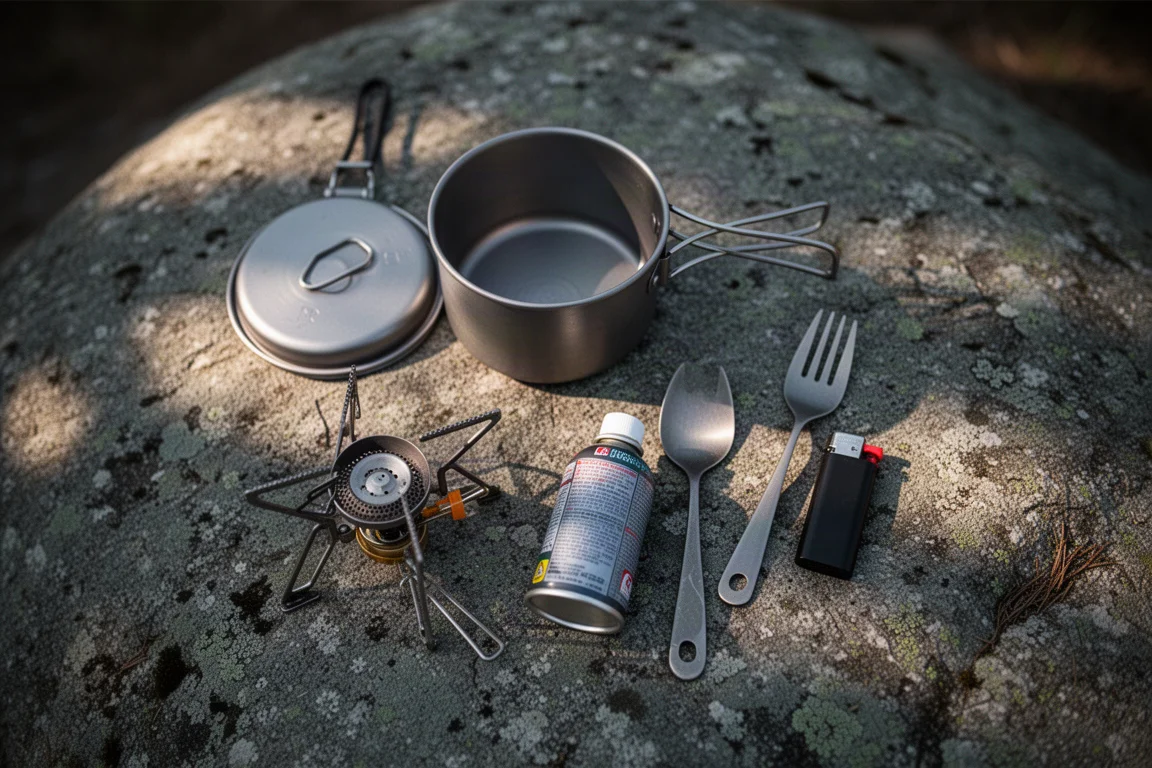 Small aluminum pot steaming on a canister stove at a rocky alpine campsite at dawn