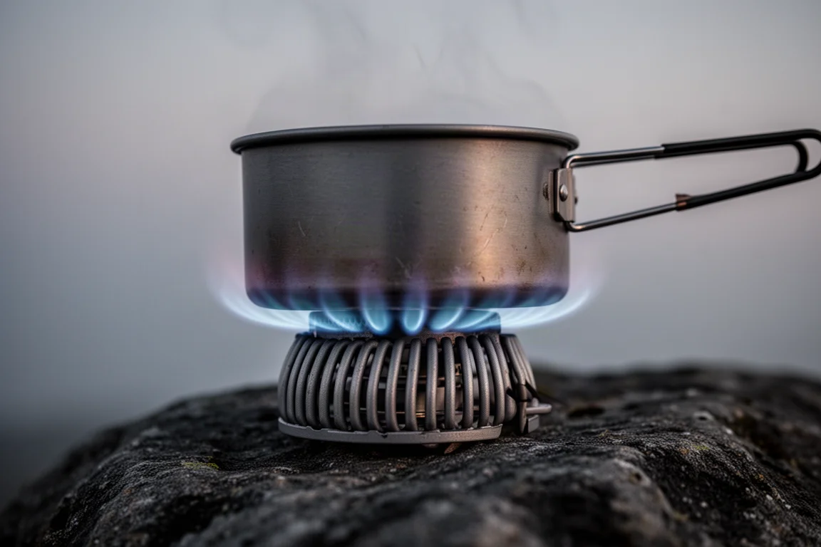 Overhead flat lay of a backpacking cook system with pot, stove, canister and lighter on concrete