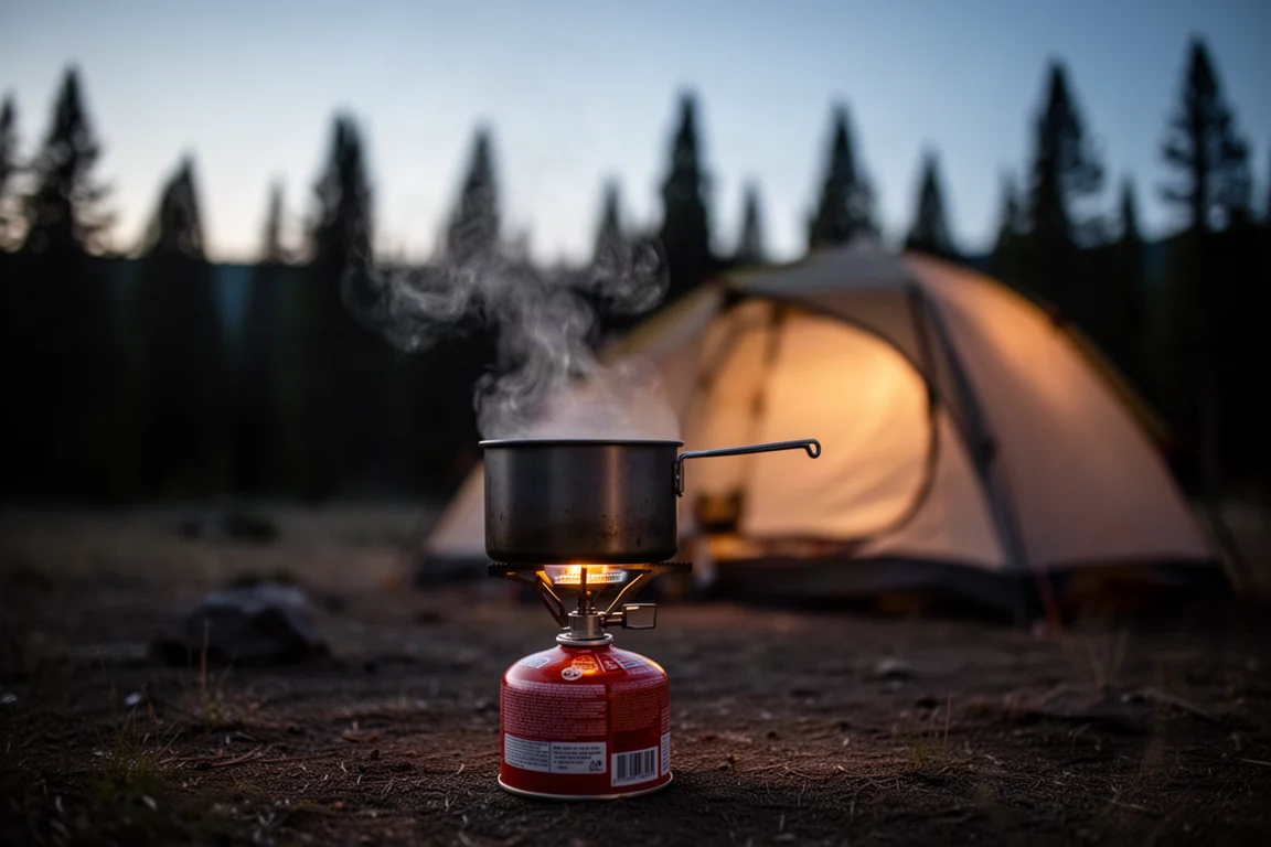 Compact cook pot packed inside an open backpack on a wooden floor with camping gear